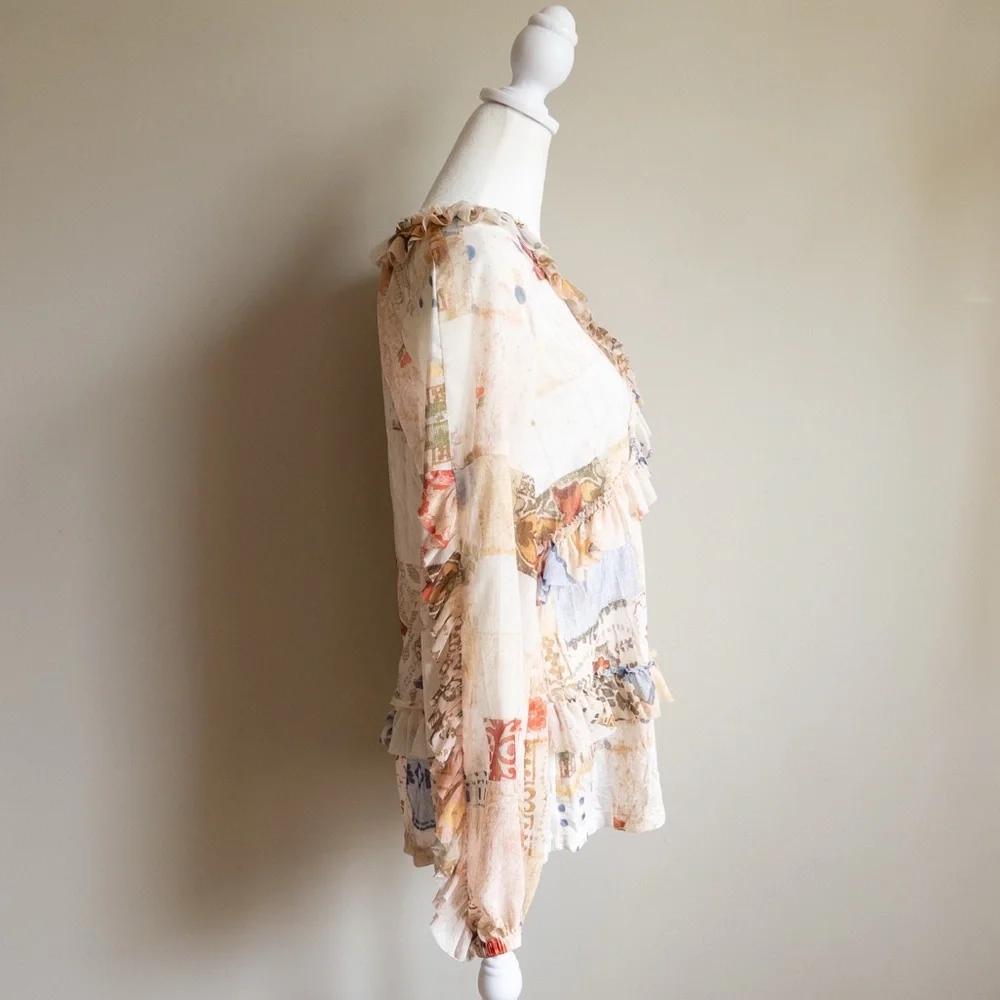 Anthropologie Tiny Bohemian‎ Patchwork Ruffle Blouse Multi-Color Size Small